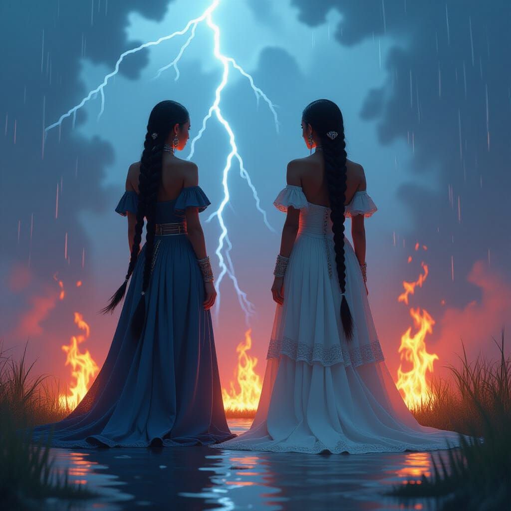 Native American Twins in Storm and Fire, Ethereal Art