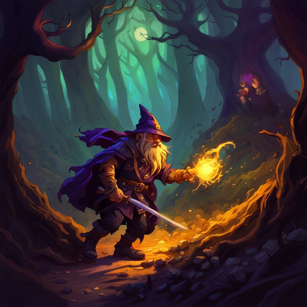 Gnome Ranger Attacks Mage in Dark Fantasy Art