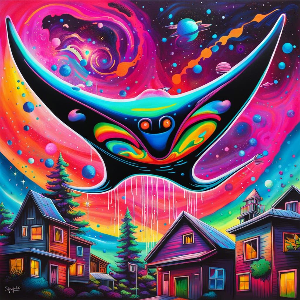 Intergalactic Manta Ray Village in Psychedelic Graffiti Art
