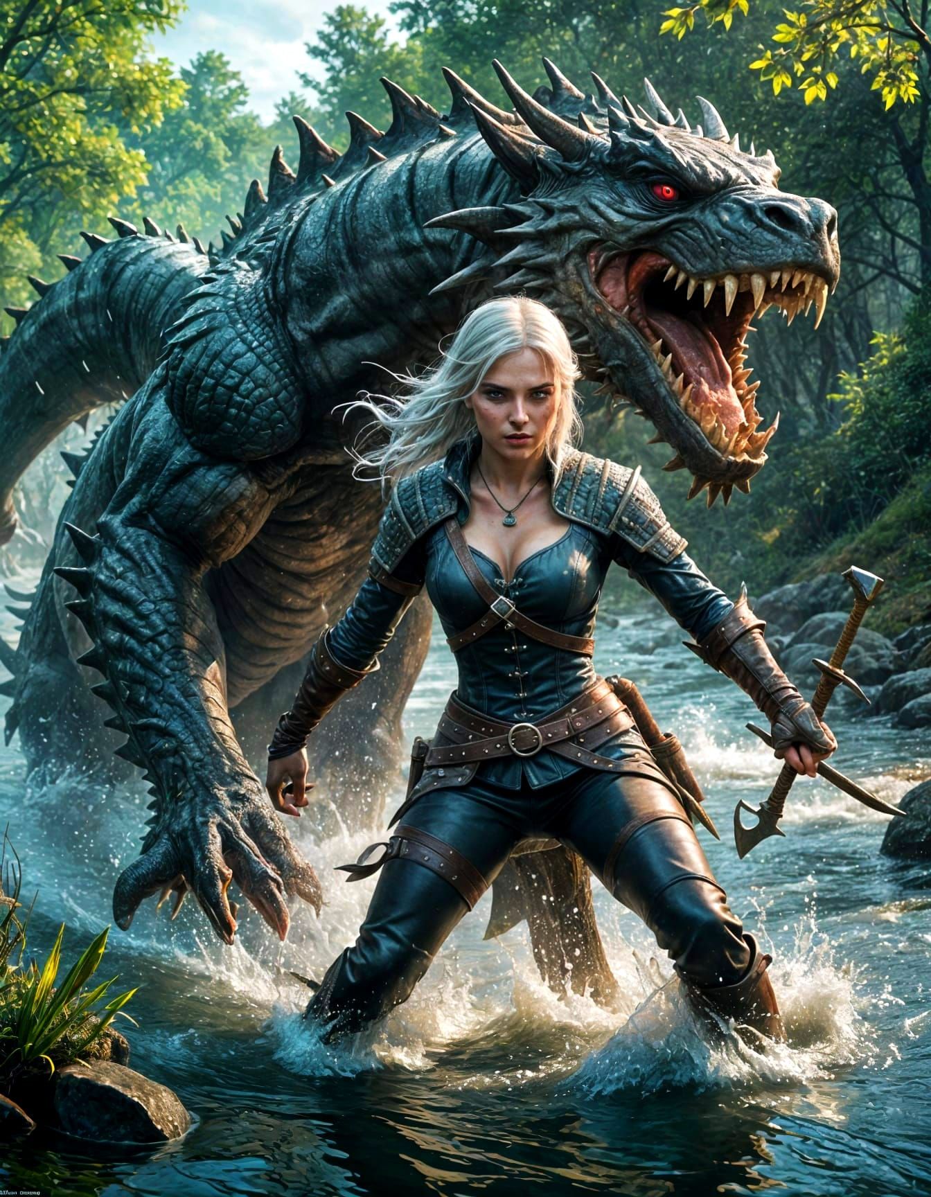 Ethereal Witcherine Engages River Wyrm in Battle