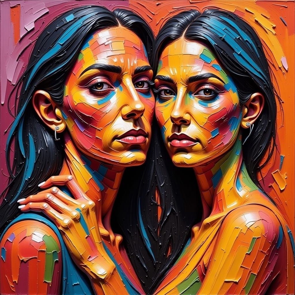 Expressive Impasto Portrait of Embracing Couple