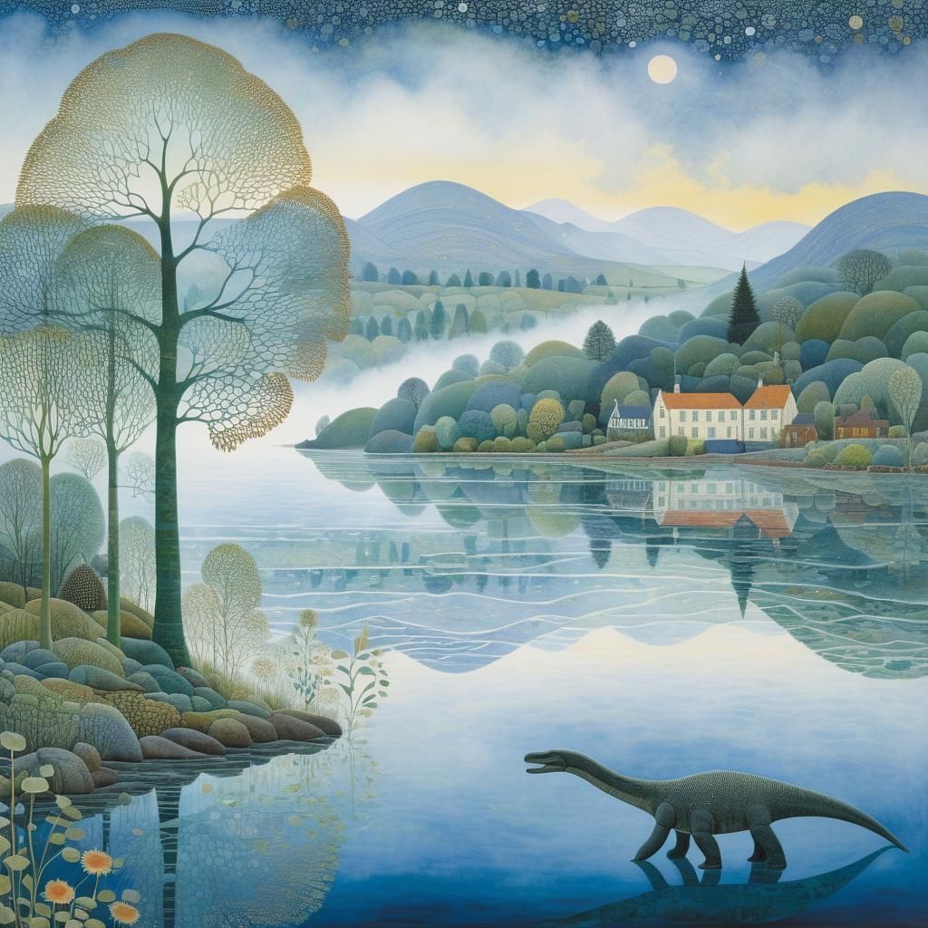 Plesiosaurus Emerges from Morning Lake Mist in Intricate Det...