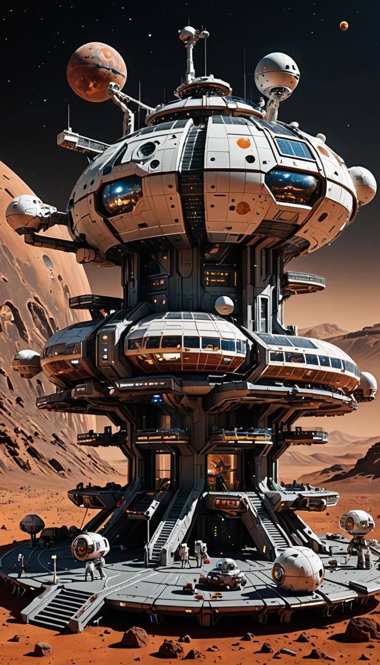 Futuristic Space Station Model Orbiting Mars