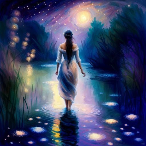 Starlit River Reflection: A Nighttime Serenity