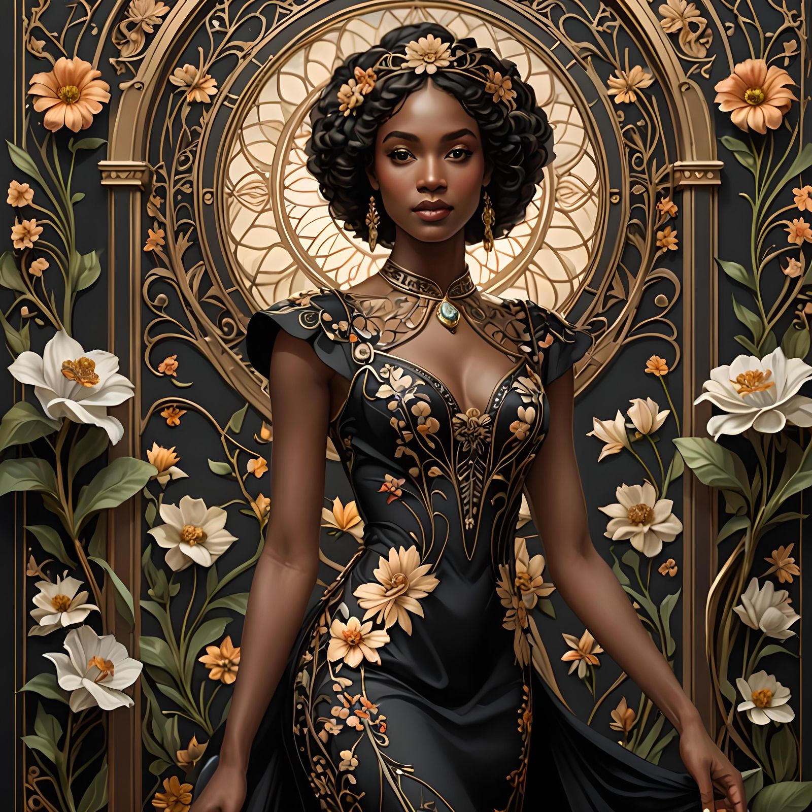 Graceful Black Woman in Art Nouveau Style