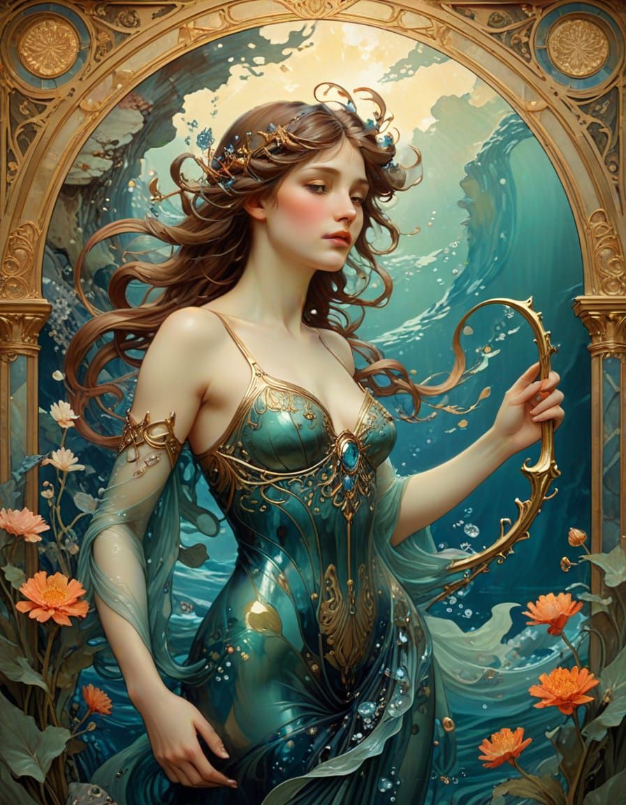 Merman Swimming with Trident in Art Nouveau Style