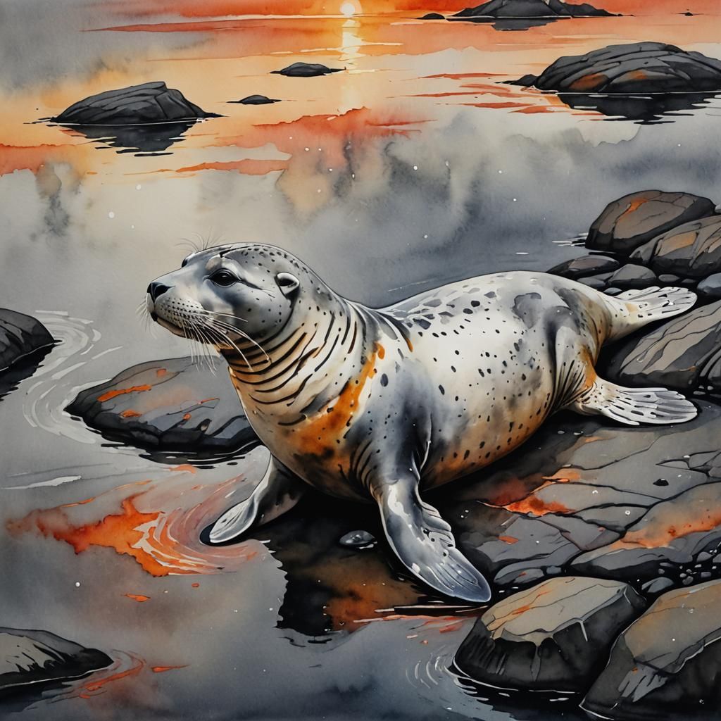 Harbor Seal in Sunset, Watercolor and Alcohol Inks