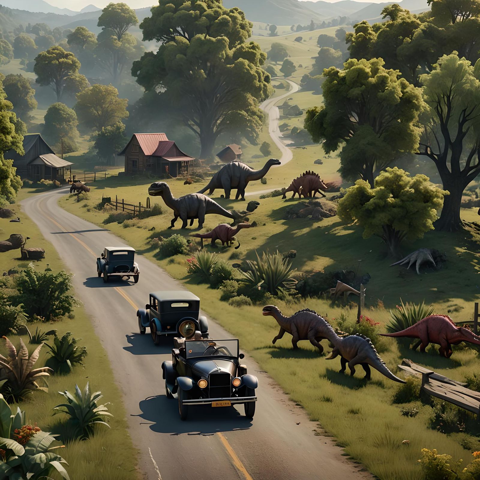 Dinosaurs and Model-T Ford in Farm Pasture