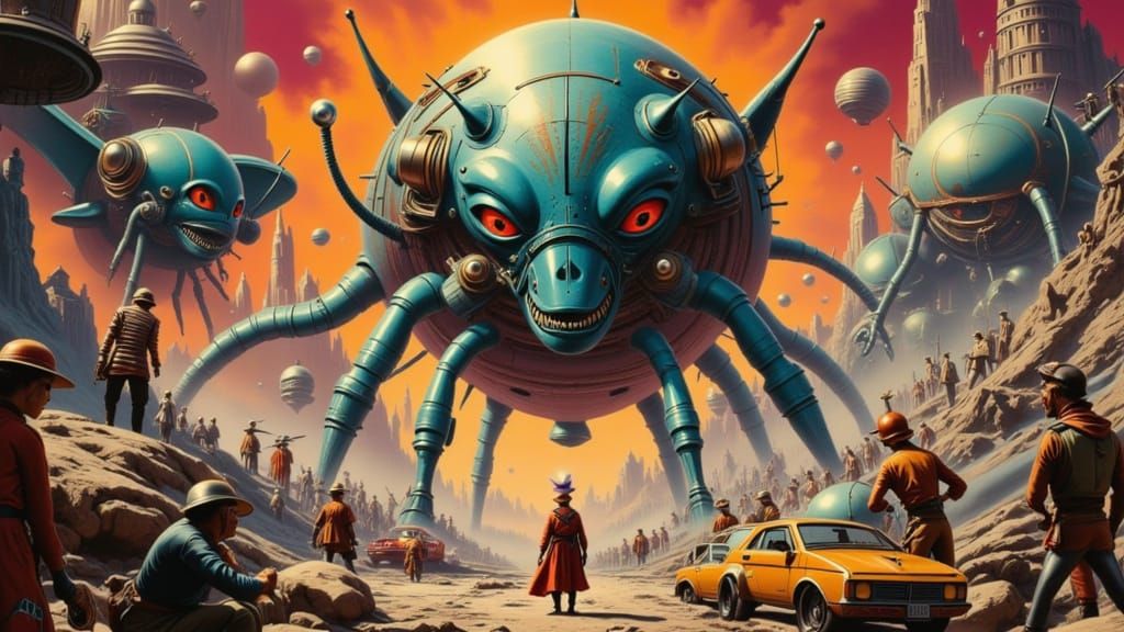 Alien Invasion Concept Art in Vintage Futurism Style