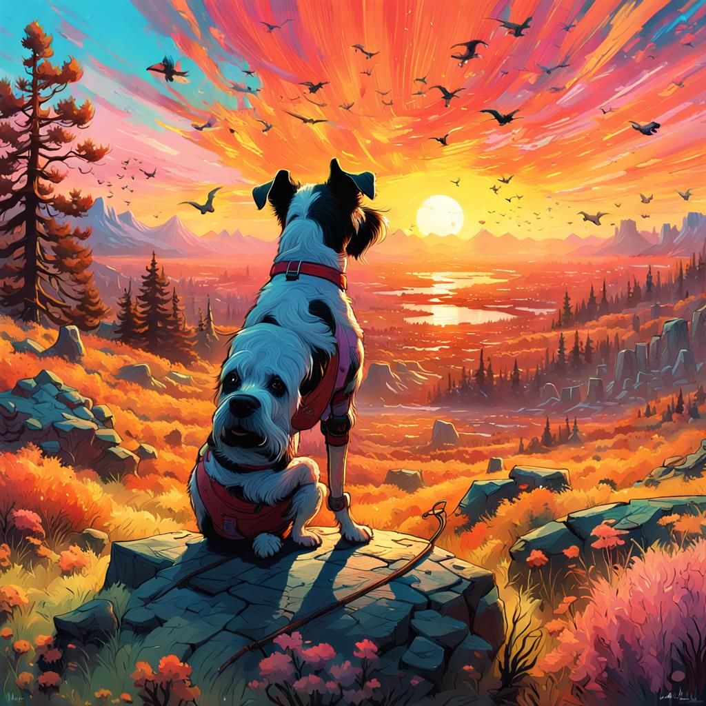 Happy Terrier in Psychedelic Sunset Landscape