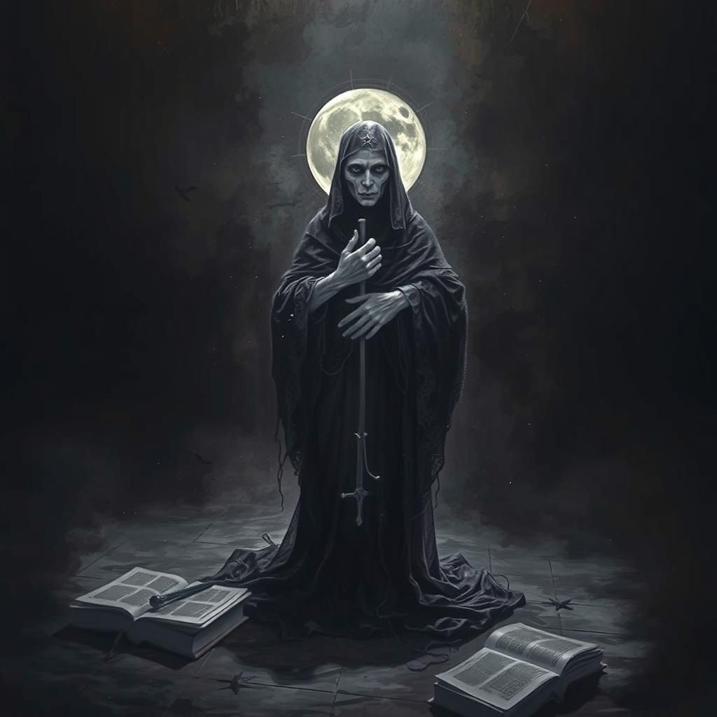 Sinister Saint Book Cover in Gothic Horror Style