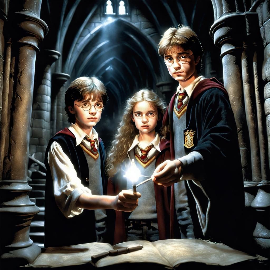 Harry Potter Trio in Hogwarts, Magical 3D Art