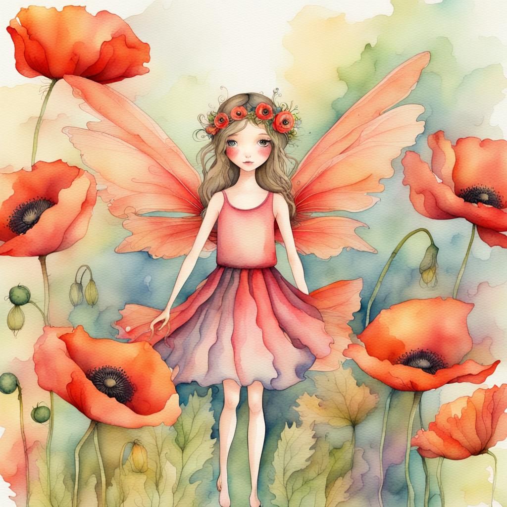 Whimsical Fairy with Poppy Watercolor Background