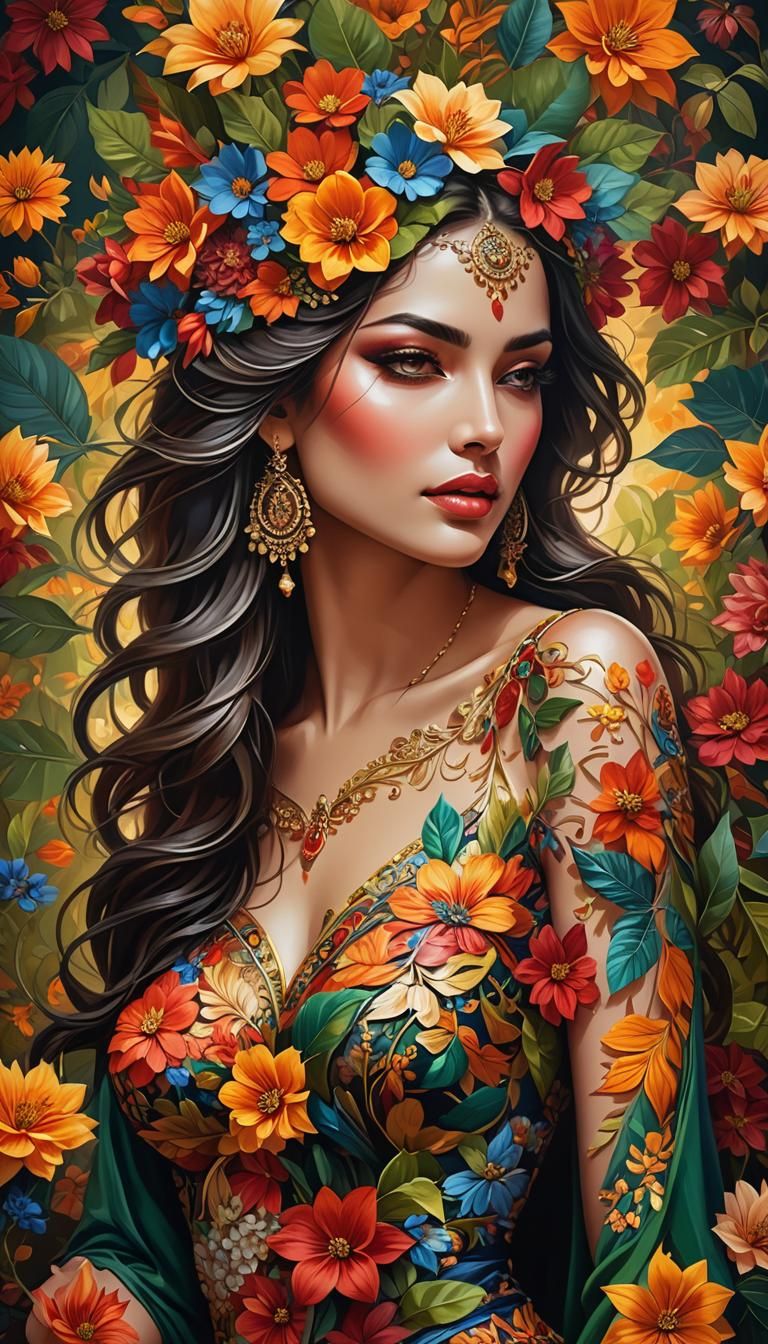 Captivating Woman Adorned with Floral Motifs