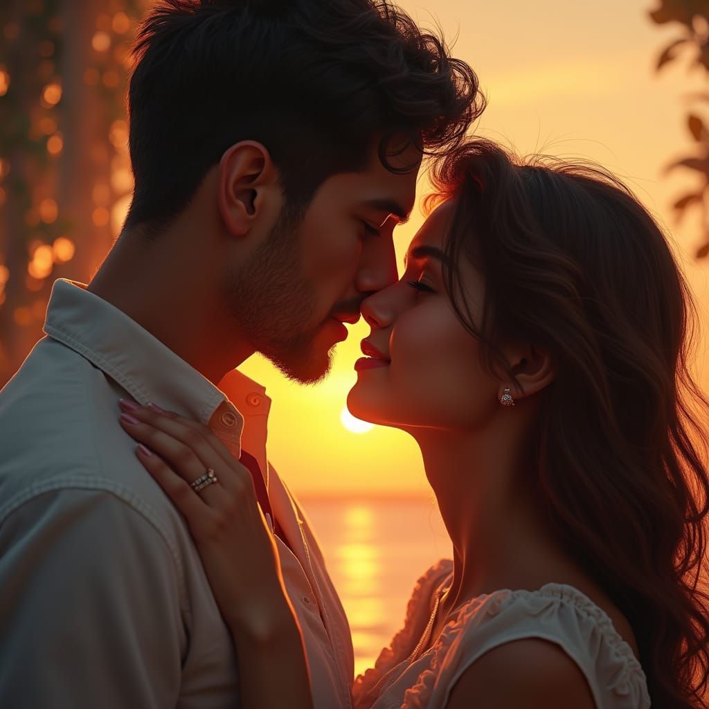 Romantic Couple in Dreamy Sunset Embrace