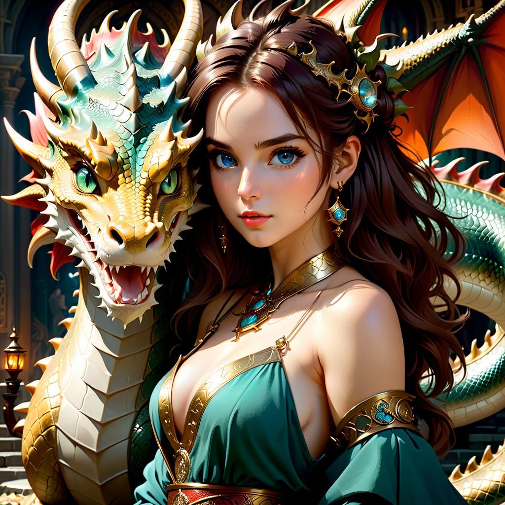 Anime Woman with Dragon in Fantasy Wonderland