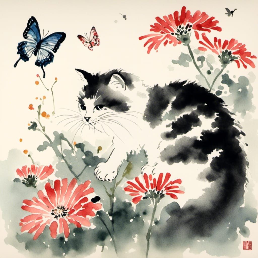 Minimalist Sumi-e Kitten with Chrysanthemums and Butterflies