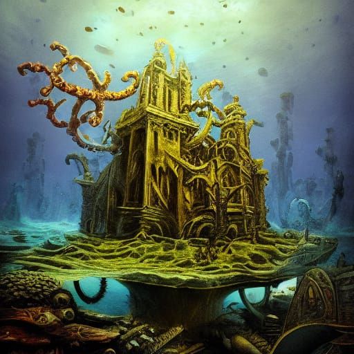 Gothic Underwater Temple With Sunken Ship and Eerie Fish
