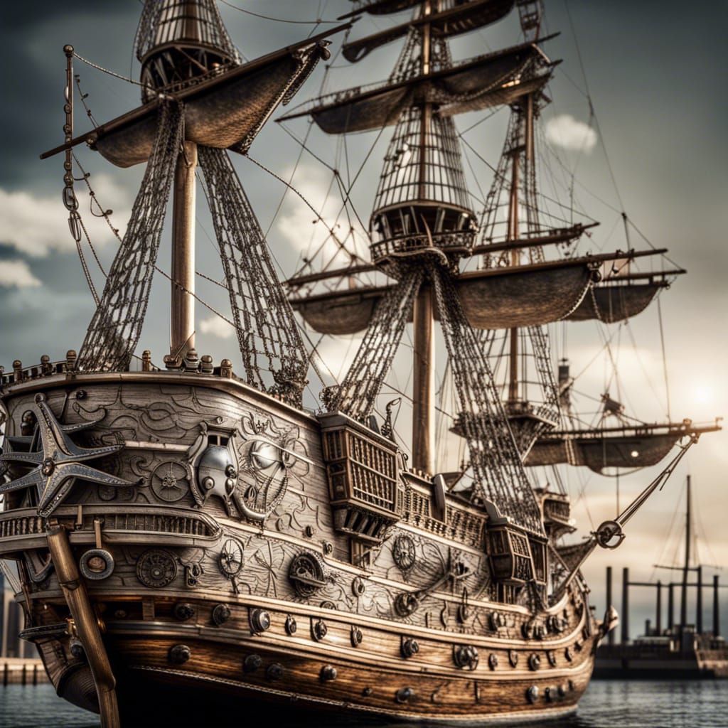 Silver Wood Pirate Galleon Sailing to Port