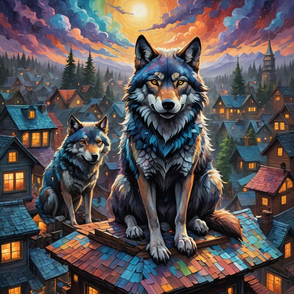 Wolf Party: Neo-Expressionist Oil Painting