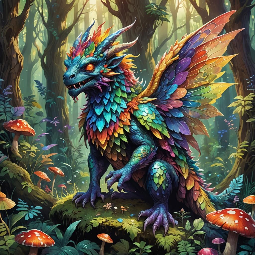 Rainbow Monster in Lush Forest: Fantasy Concept Art