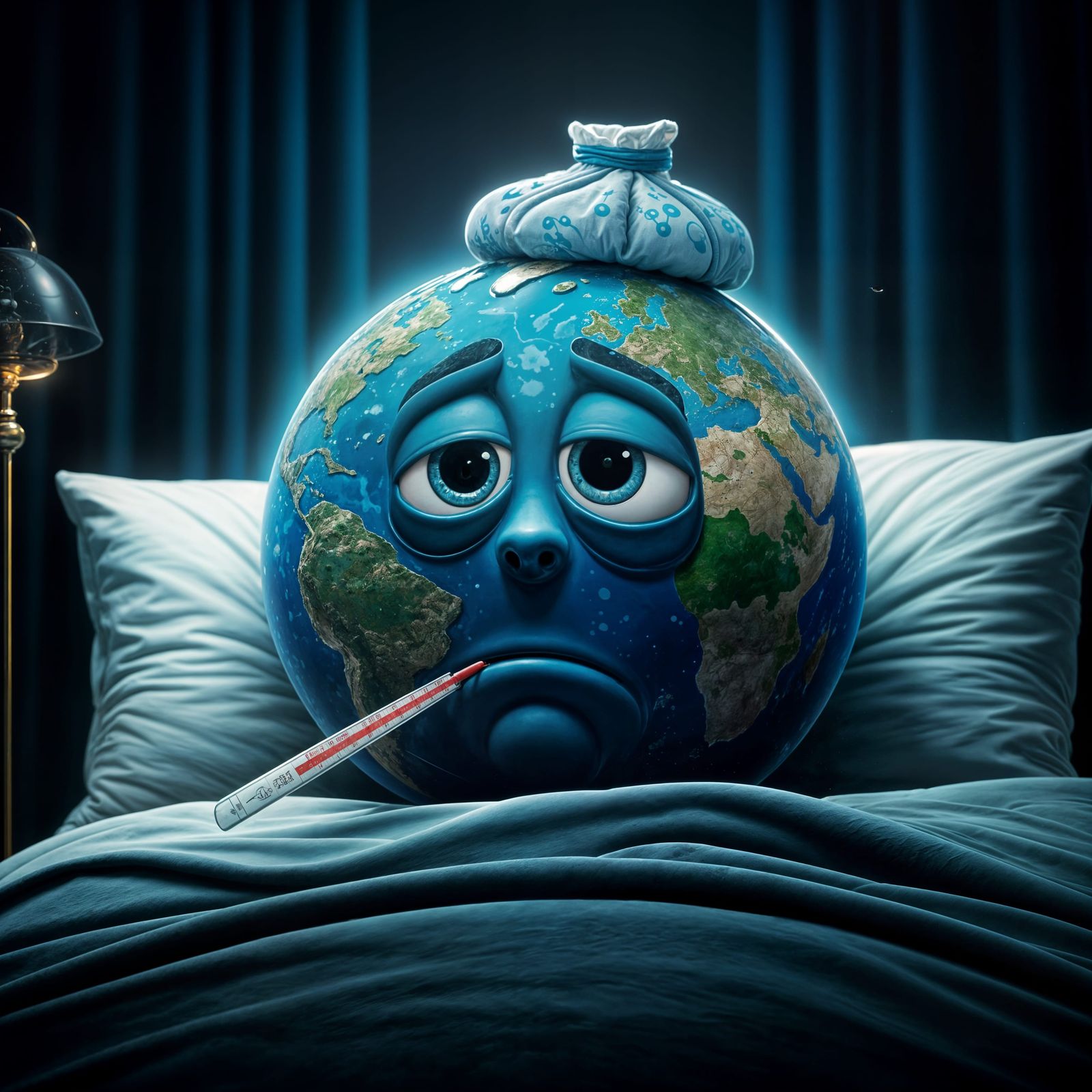 Sick Earth Cartoon Character in Bed: Concept Art