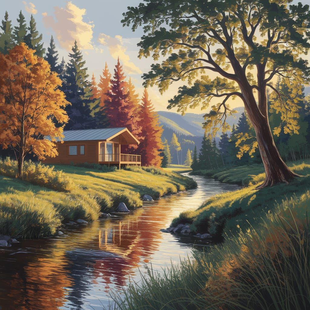 Modern Cabin in Lush Summer Landscape as Oil Painting