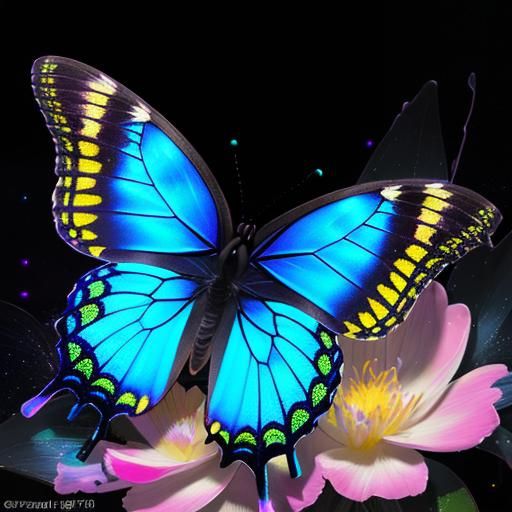Neon Butterfly on Pastel Flower in Graffiti Art