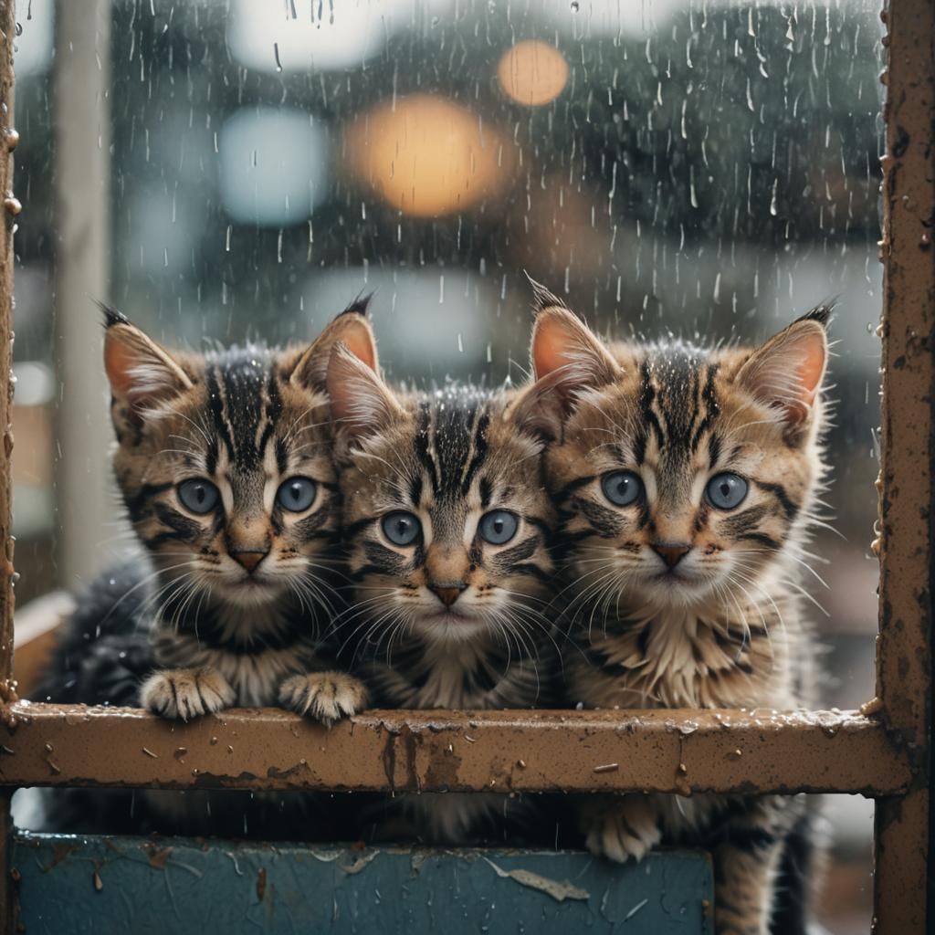 Kittens in Shelter Cage on Rainy Day