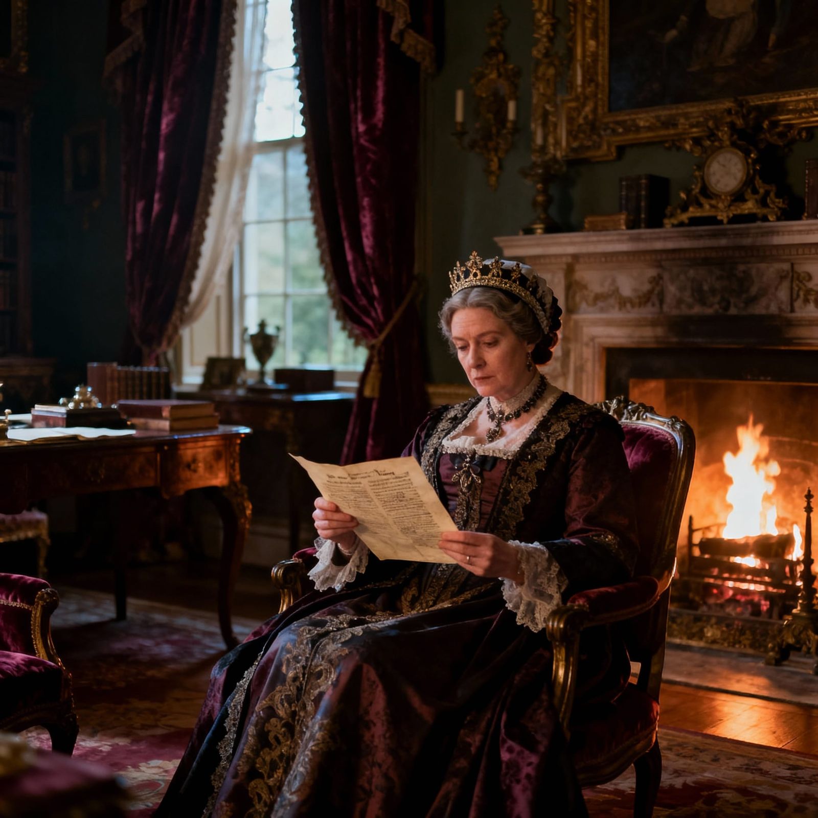 Queen Victoria Style Monarch Reads Document in Ornate Study