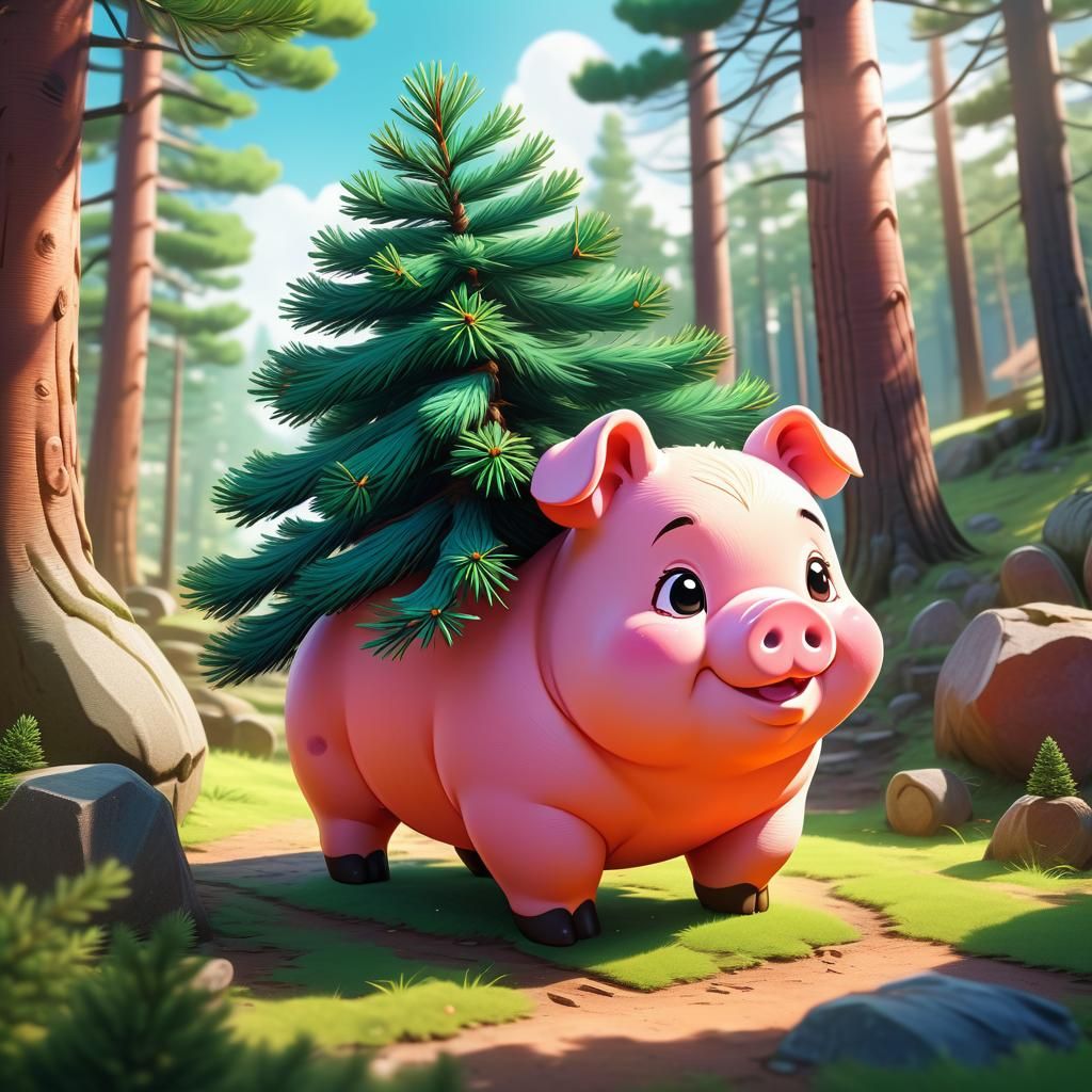 Pine Tree Growing on Pig's Back: Anime Art