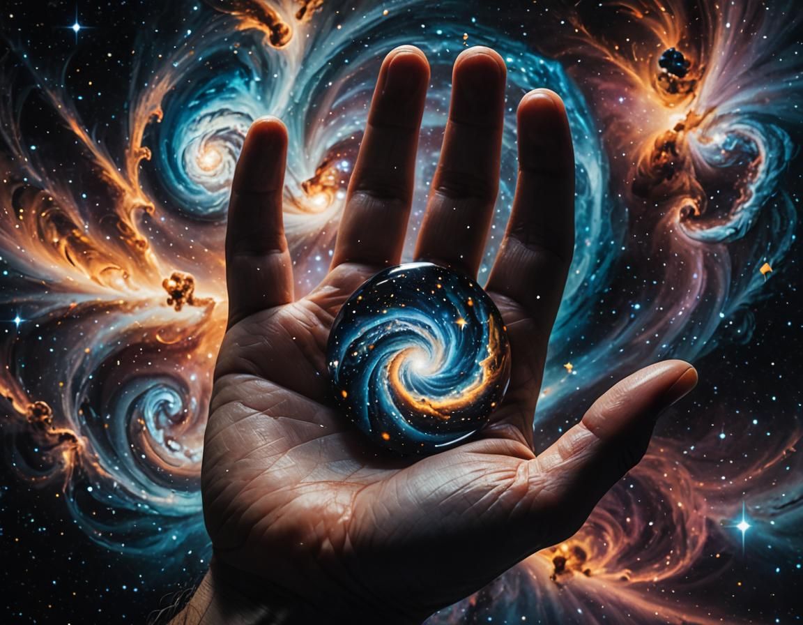 Swirling Galaxy Marble Held in Divine Hand