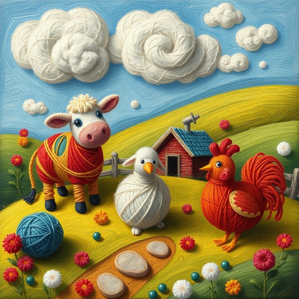 Whimsical String Farm Animals in Gouache Style