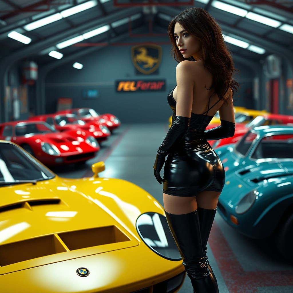 Sultry Woman in a Garage with Vintage Ferraris, in a Cyberpu...