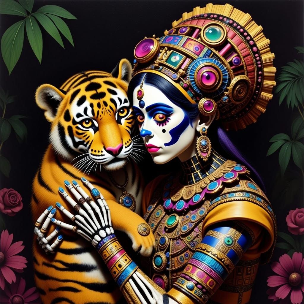 Wholesome Indian Skeleton Woman Hugging Tiger Cub