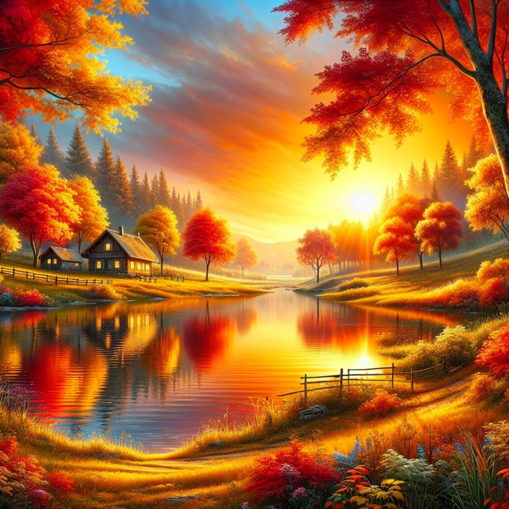 Autumn Sunset Over Lake: Vivid 3D Render