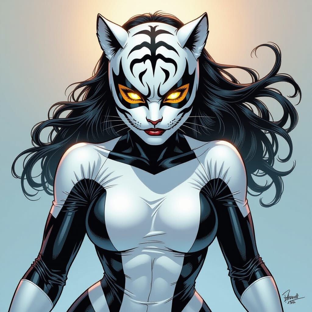 Female Superhero in White Tiger Costume, Comic Book Art