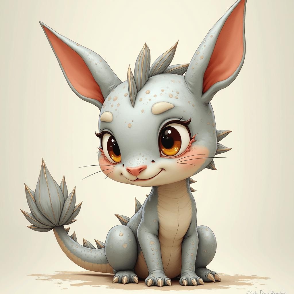 Adorable Silver Dragon-Bunny in Illustrative Style