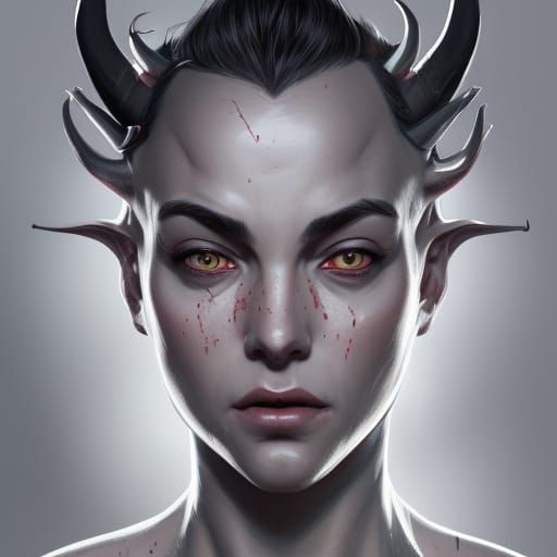 Grey Demon with Horns Portrait in Digital Art Style