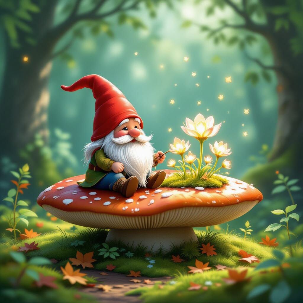 Gnome Tending Flowers on Mushroom in Fantasy Art Style