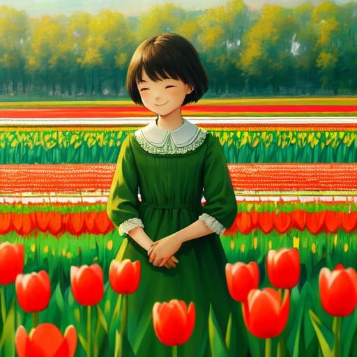 Woman and Child in Tulip Field, Impressionism