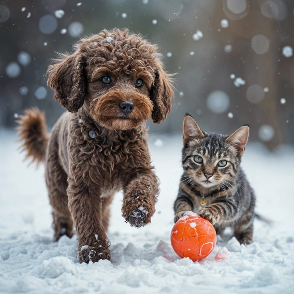 Miniature Poodle and Tabby Cat Play in Snow