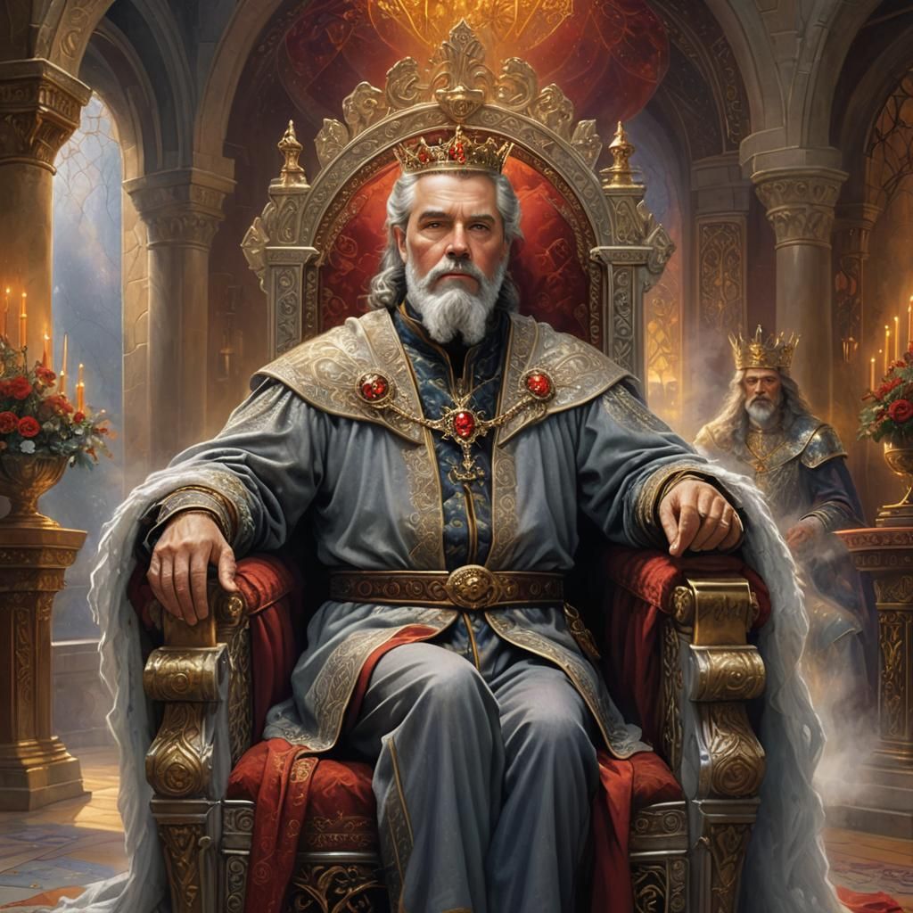 A medieval fantasy king in his throne room.