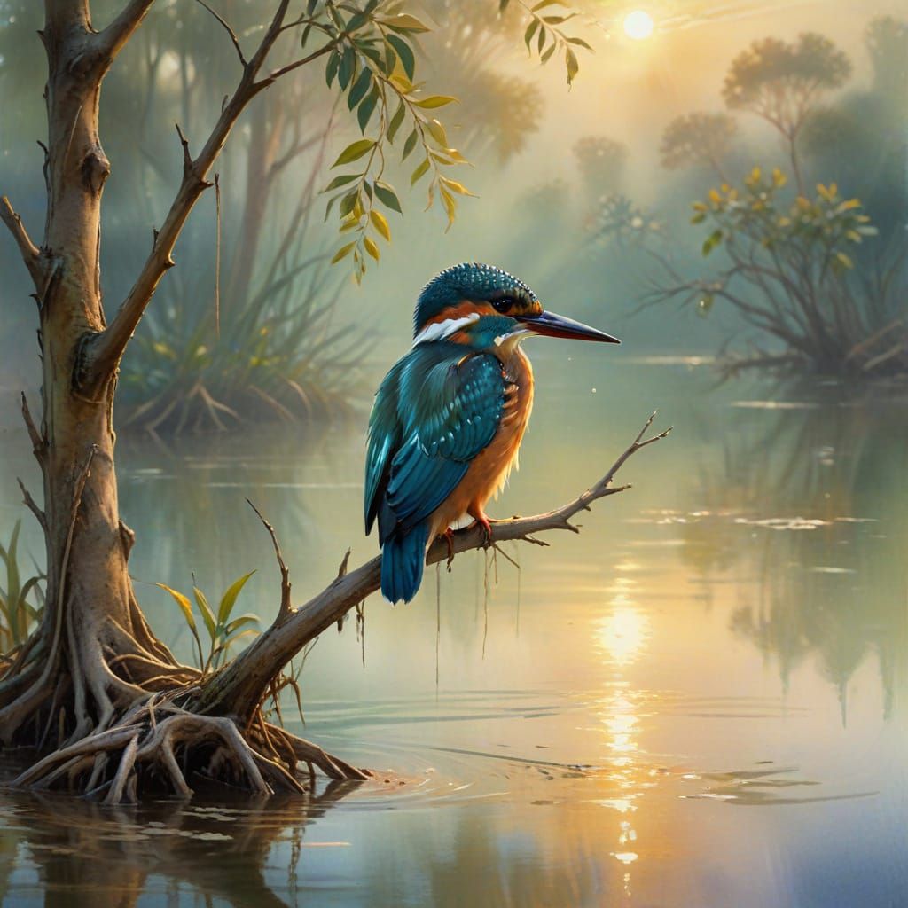 Tranquil Mangrove Lagoon in Vibrant Watercolour Style