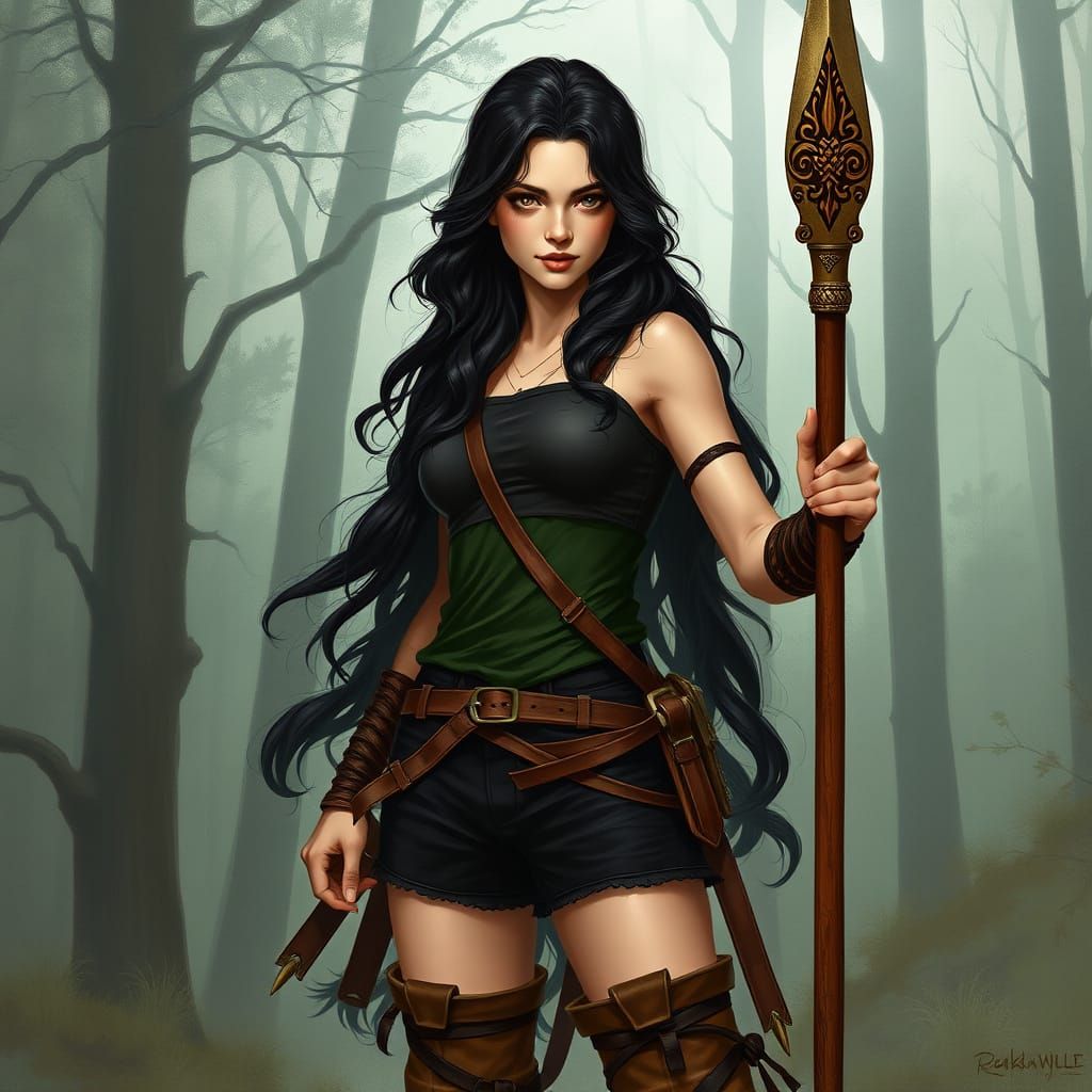 Female Warrior in Misty Forest, Fantasy Art Style