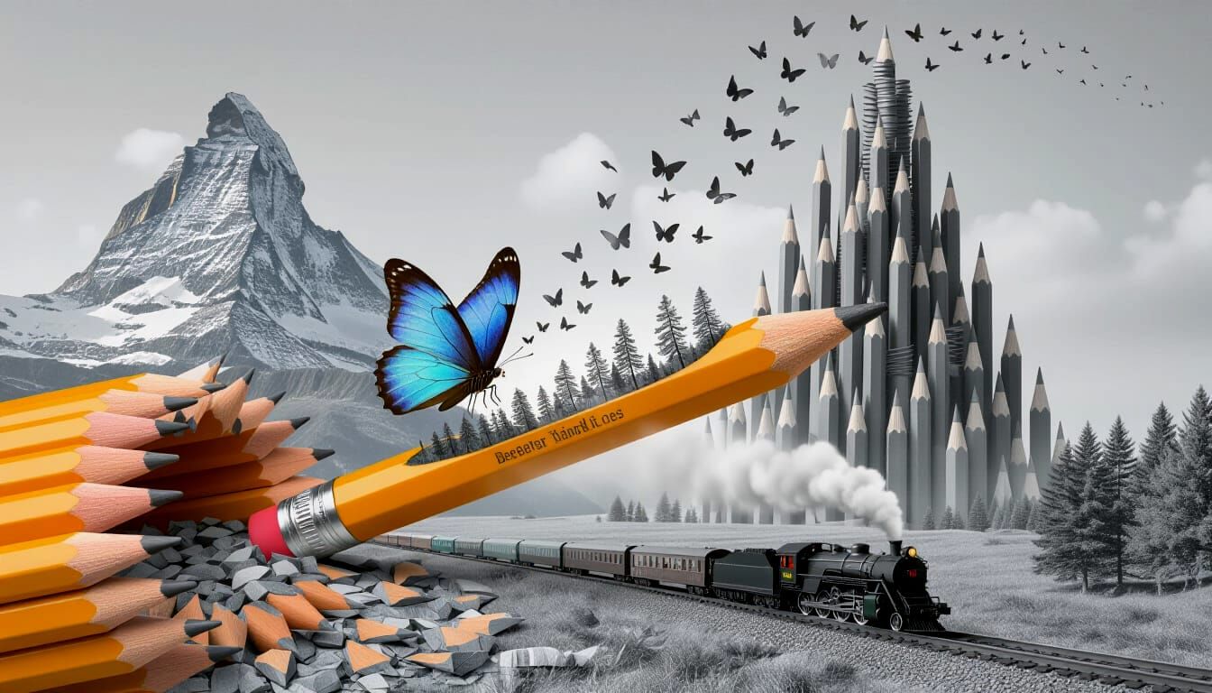 Dreamlike Landscape: Pencil Transforming into Butterflies an...