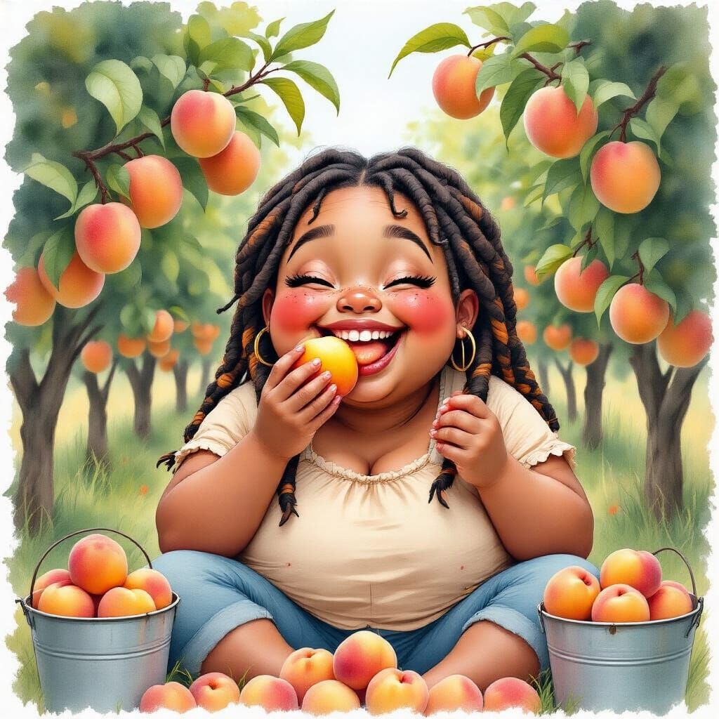 Girl in Peach Orchard: Watercolor Portrait