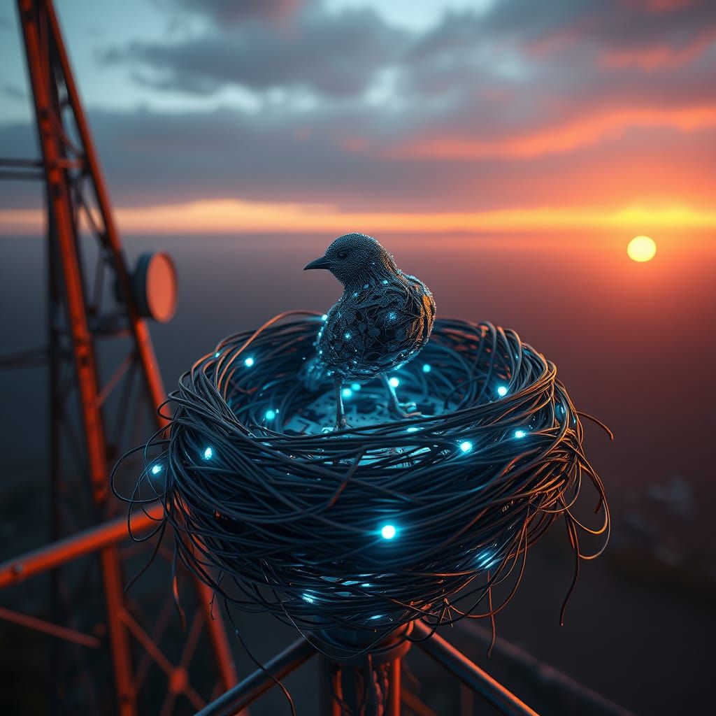 Sci-Fi Nest with Wire Bird on Tower at Sunset