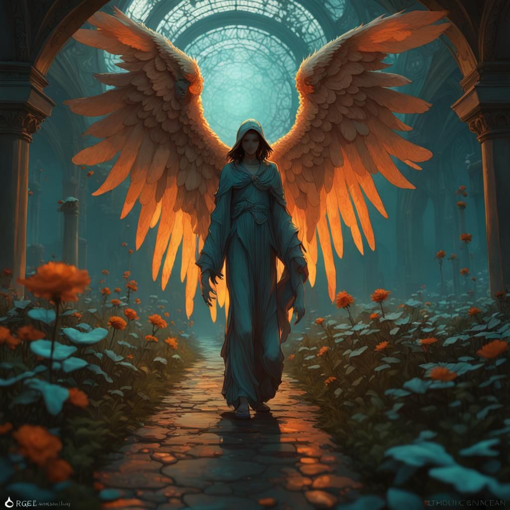 Angel of Death in Dark Garden, Art Nouveau Style