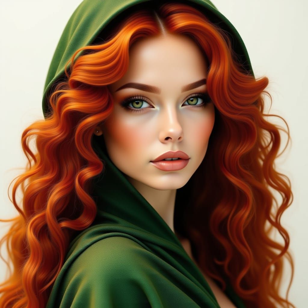 Red-Haired Woman in Green Cape: Digital Art Portrait